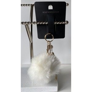 Expression White With Gold Accents Pom Pom Keychain Bag Charm Brand New
